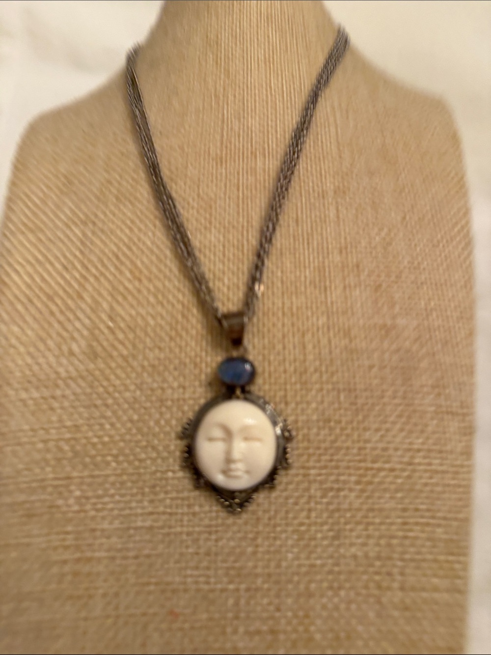 Stepped Silver Bone Moon Face Pendant Necklace with Opal